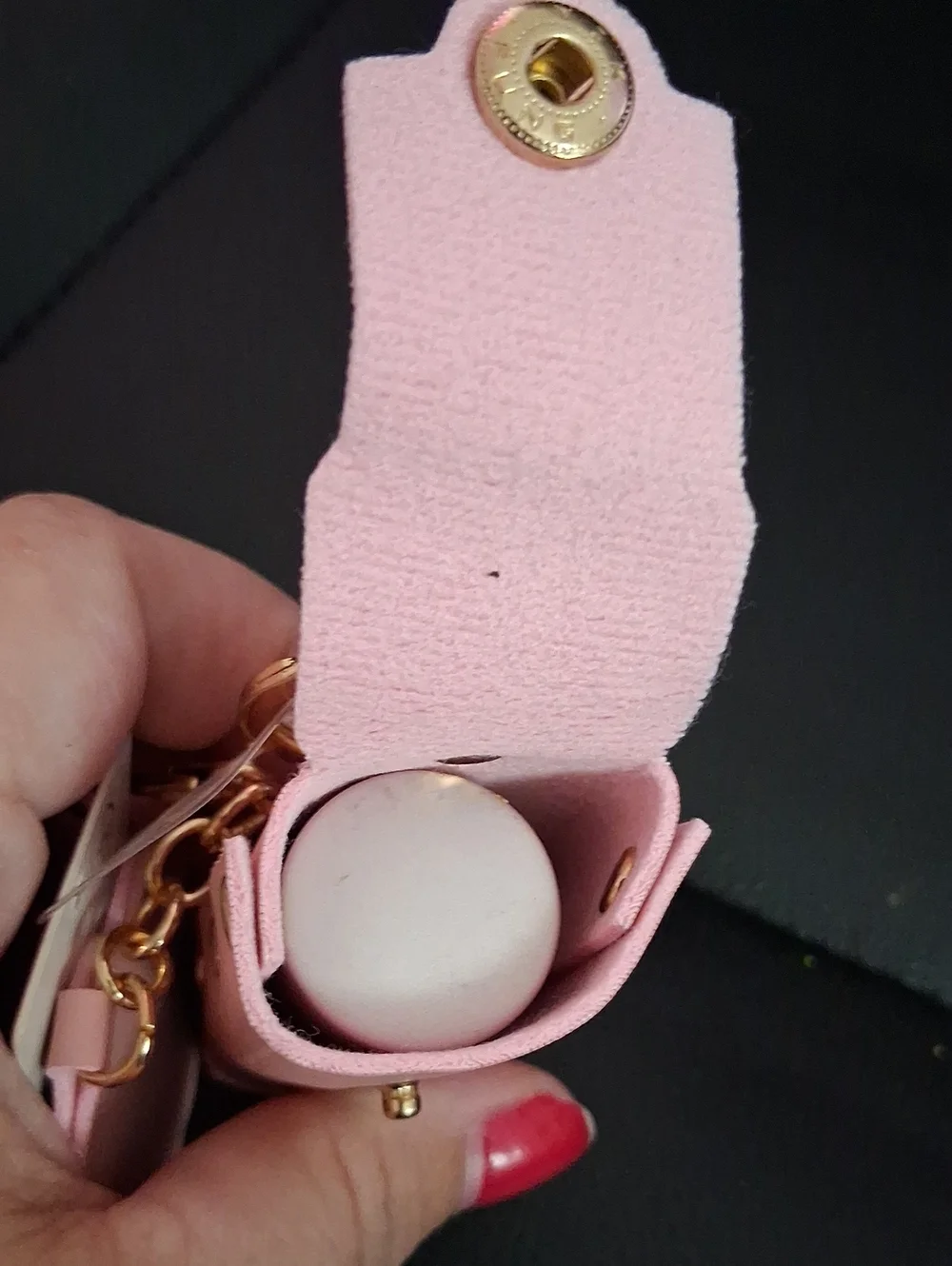 Pink Leatherette Lipstick Holder Keychain with Flower Mirror